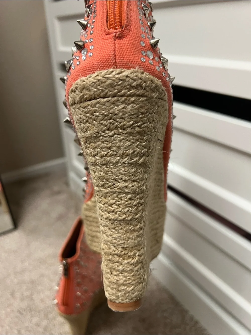 Orange Studded Peep-Toe Wedge Booties
